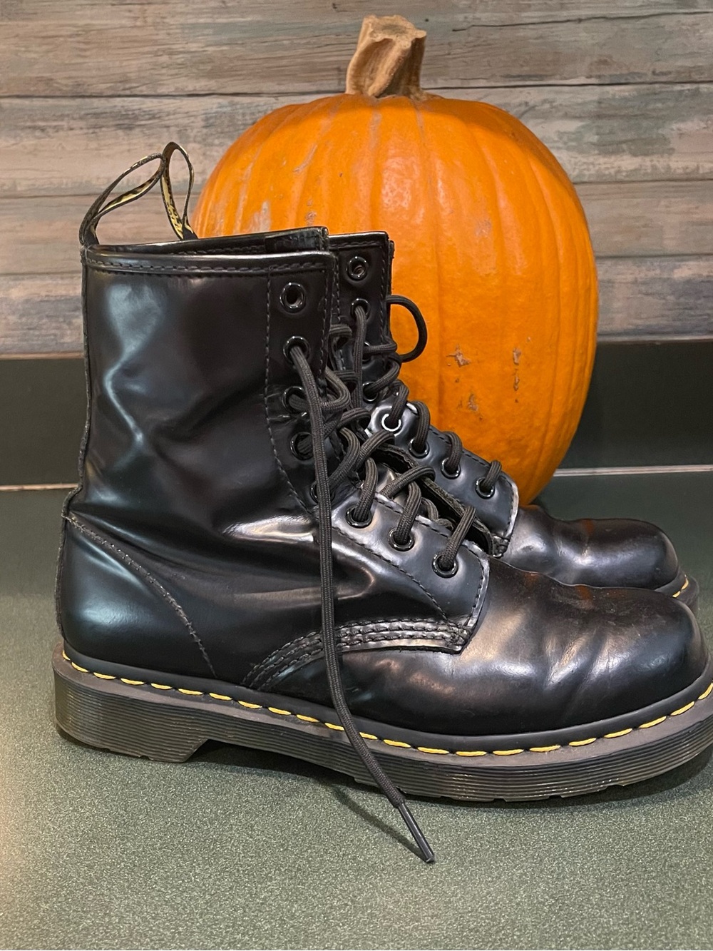 Doc Martens Black Lace-Up Boots with Yellow Stitching